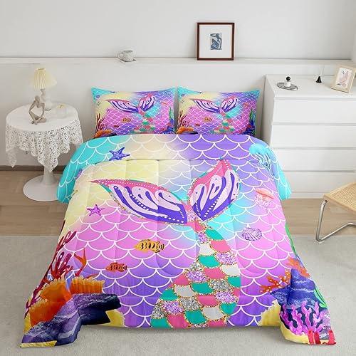 Juego de ropa de cama de sirena para niñas, tamaño matrimonial, juego de edredón de sirena náutica, animales marinos, cola de sirena, medusa