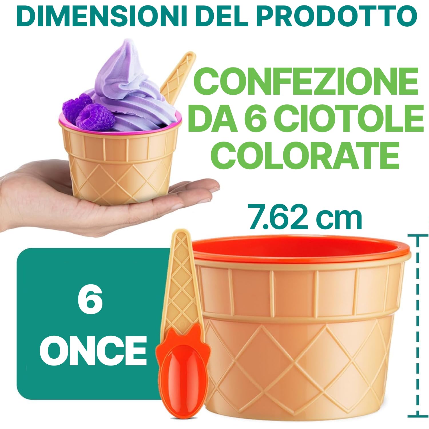 Set JoyServe 6 coppette e cucchiaini per gelato – coppette di plastica riutilizzabili e cucchiaini a cono waffle per dessert, yogurt gelato e