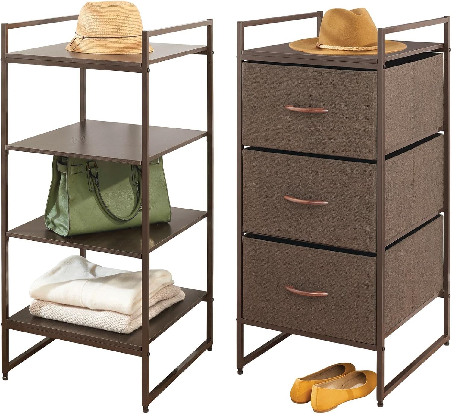 mDesign Modular Closet Organizer System, Vertical Storage Unit - Steel Frame, Easy Pull Fabric Bins for Bedroom, Entryway, Closets, Textured Print - 3 Drawers, 5 Shelves - Brown/Espresso Brown