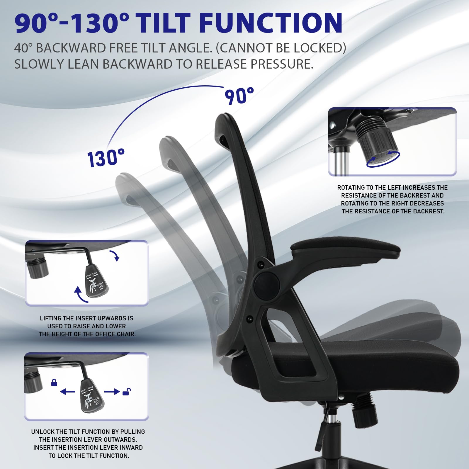 Milacyee Chaise de Bureau Ergonomique, Accoudoirs Rabattables 90°, Support Lombaire, Maille Respirante, 120° Inclinaison（Ne Peut Pas être verrouillé）, Roues Silencieuses 360°, Charge 102kg