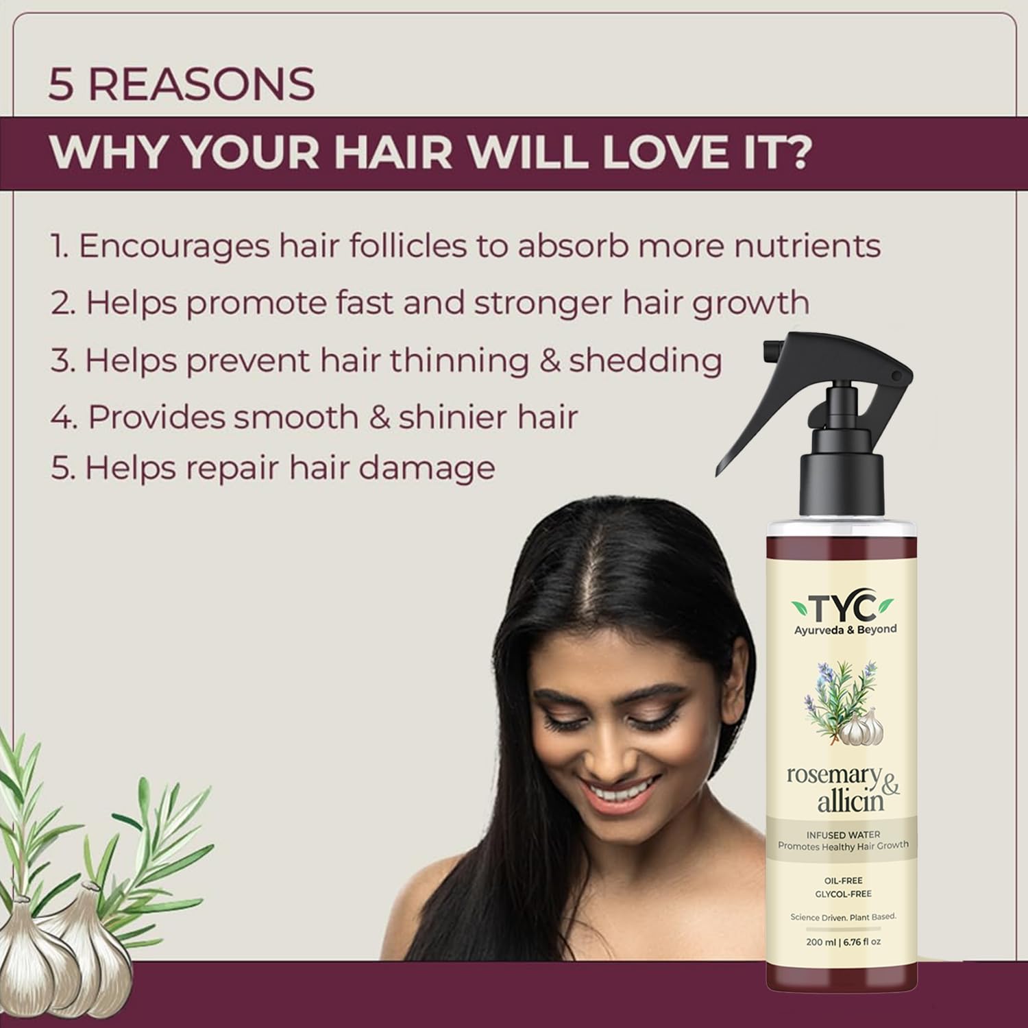 TYC Trust Your Choice Rosemary & Allicin Water Hair Spray for Hair Fall Control, Hair Growth, Scalp Health, Natural Anti-Hair Loss Treatment, 200ml 3
