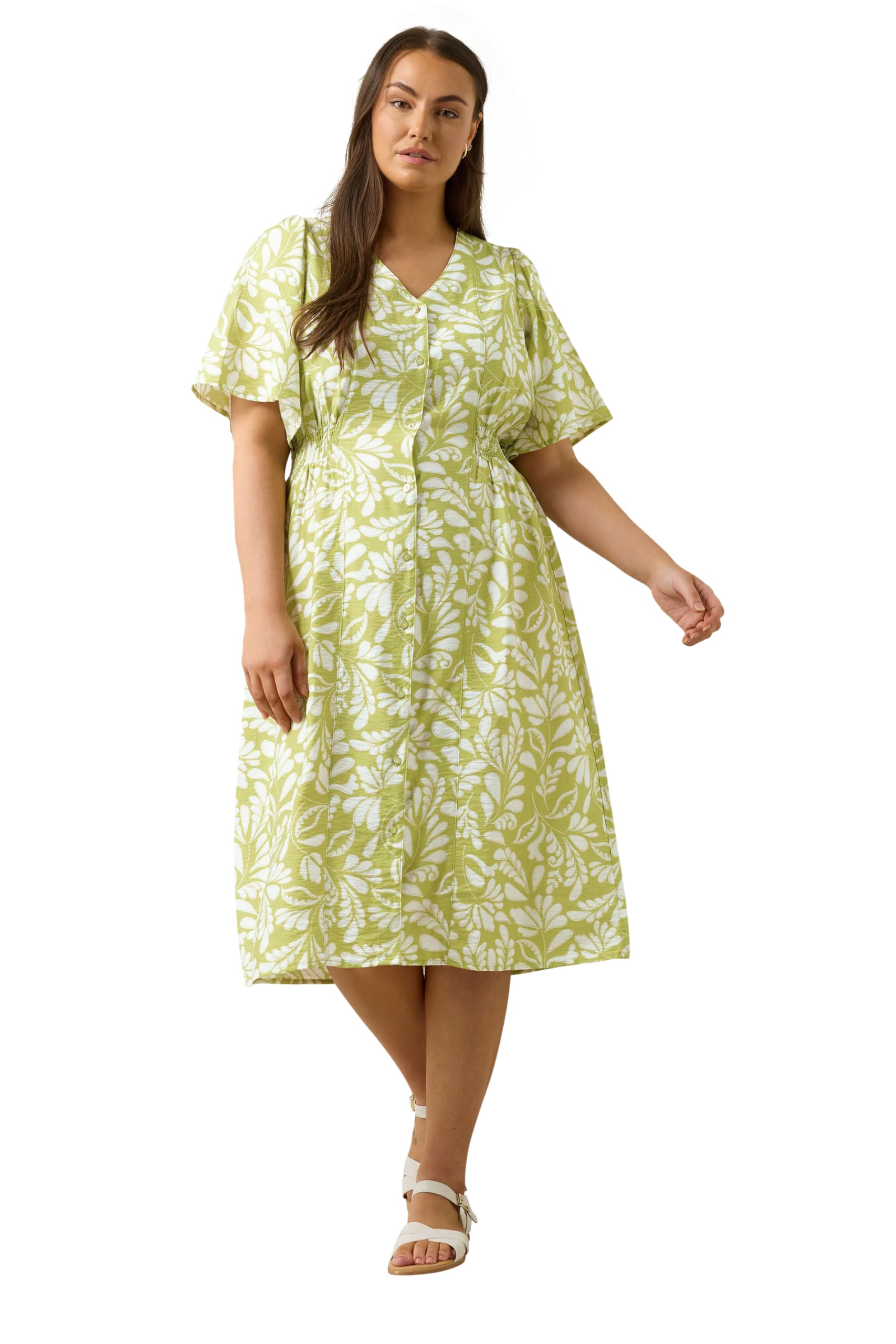 Evans Women's Green Plus Chartreuse Leaf Print Midi Dress Size 18
