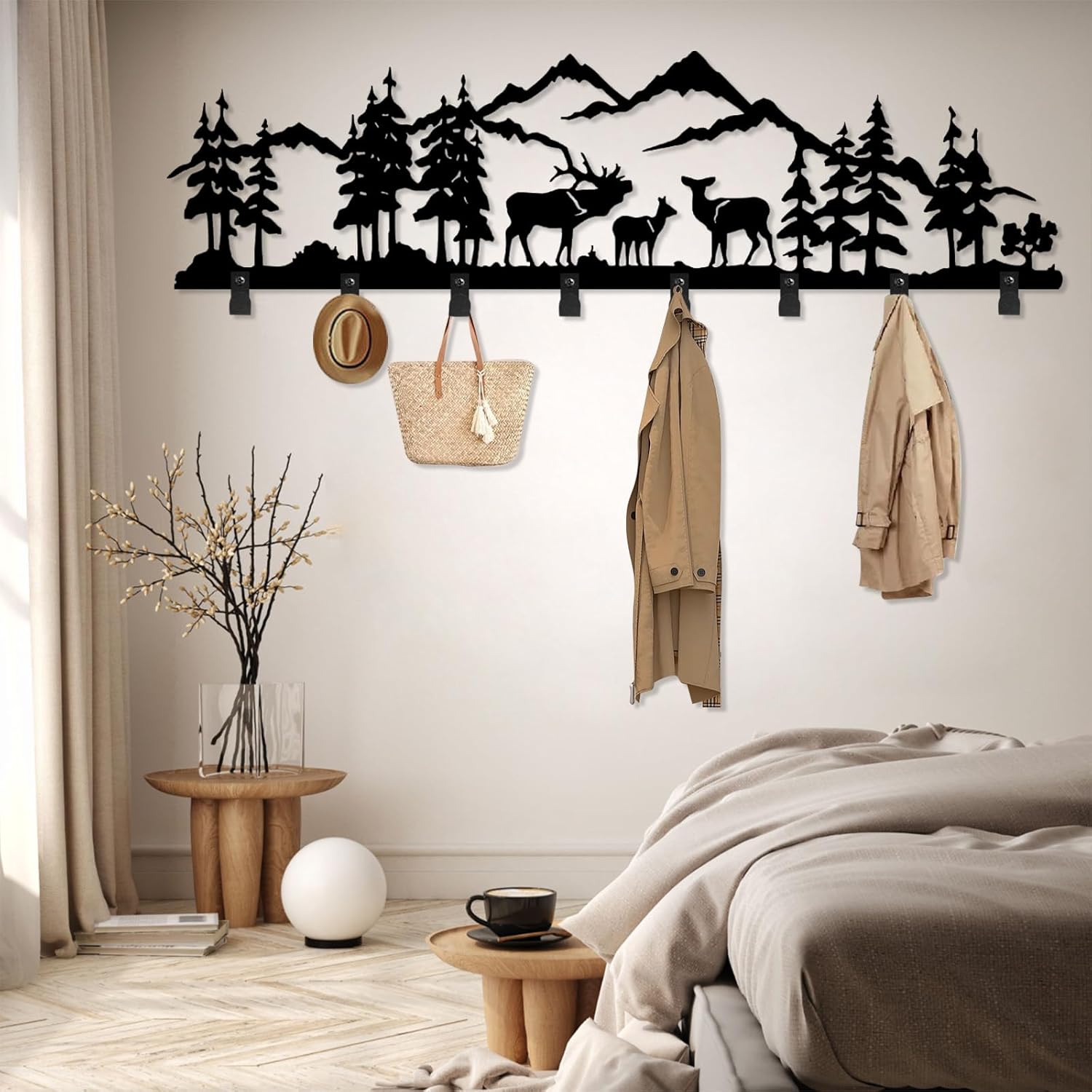 Deer and Forest Coat Rack, Metal Forest Mountain Wall Mount, Nature Landscape Coat Rack, Metal Wall Mounted Coat Hooks Hanger, Home Wall Decor (Black, 9"x35"|24x90cm)