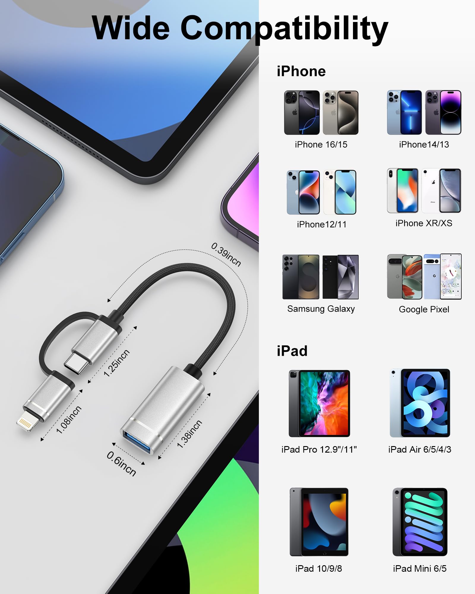 Adattatore 2 in 1 da USB C/Lightning a USB 3.0, cavo adattatore da USB a USB C OTG, 5 Gbps ad alta velocità trasferimento dati Lightning OTG compatibile con iPhone 17/16/15/14/13/12/11 Pro, Galaxy S25