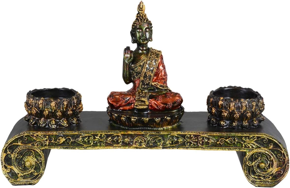 Aricola Thai Buddha figurine. Buddha sculpture on altar with two polyresin tea light holders.