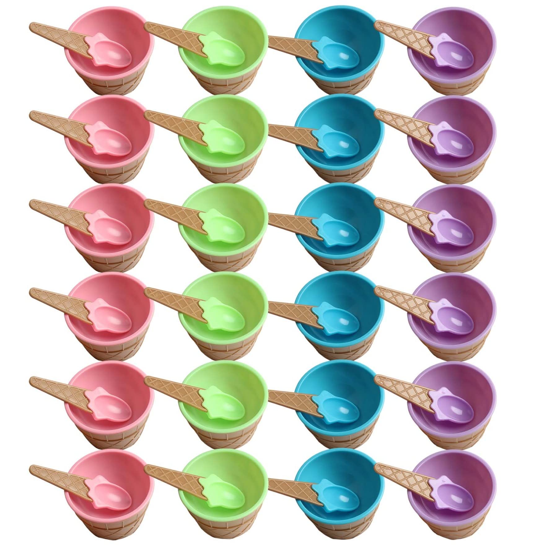 Bols à dessert en plastique avec cuillères assorties pour vaisselle de fête et goûter d'enfant