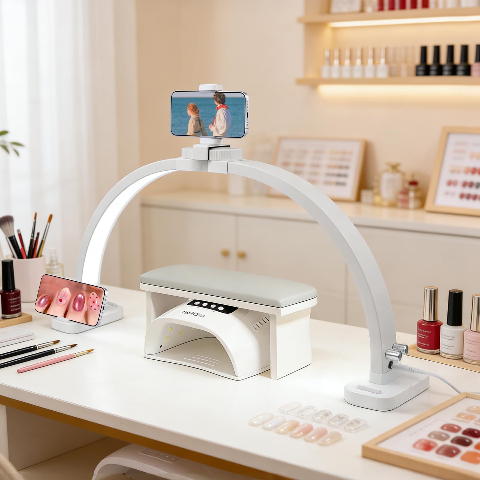 Half Moon Light for Nail Desk: 30.7"Arch Manicure Table Moon Lamp with Phone Holder for Beginner DIY - 45W 3 Color Modes & 10 Brightness Nail Light for Desk - Foldable Nail Lamp for Nail Salon