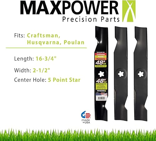 Miniatura 6 de Maxpower Juego de mantillo de 3 cuchillas para cortacéspedes Husqvarna de 48 pulgadas, negro y Maxpower 3 cuchillas para cortacéspedes Husqvarna de