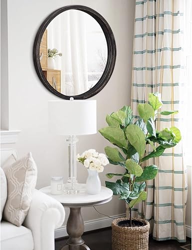 Miniatura 65 de JJUUYOU Espejo circular de pared redondo para baño, espejo de tocador marrón rústico, pequeño círculo decorativo para pared, marco de madera, espejo