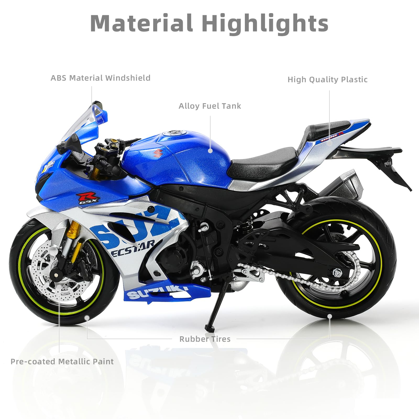1/12 Compatible pour Suzuki 1000R Moto Modèle Jouet Mini Métal Die-Cast Moto Modèle Bleu Sport Racing Collection Cadeau Hommes Enfants Garçons (GSX R1000R)