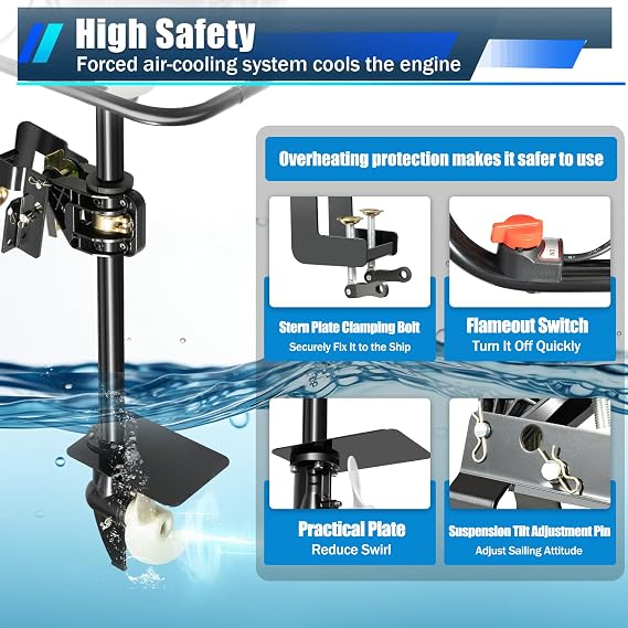 4 Stroke 9HP Outboard Motor, 225CC Heavy Duty Long Shaft Fishing Boat Engine Marine Engine w/Air Cooling&TCI Ignition, Gas Powered Outboard Boat Motor for Fishing, Aquaculture, Outdoor Adventure