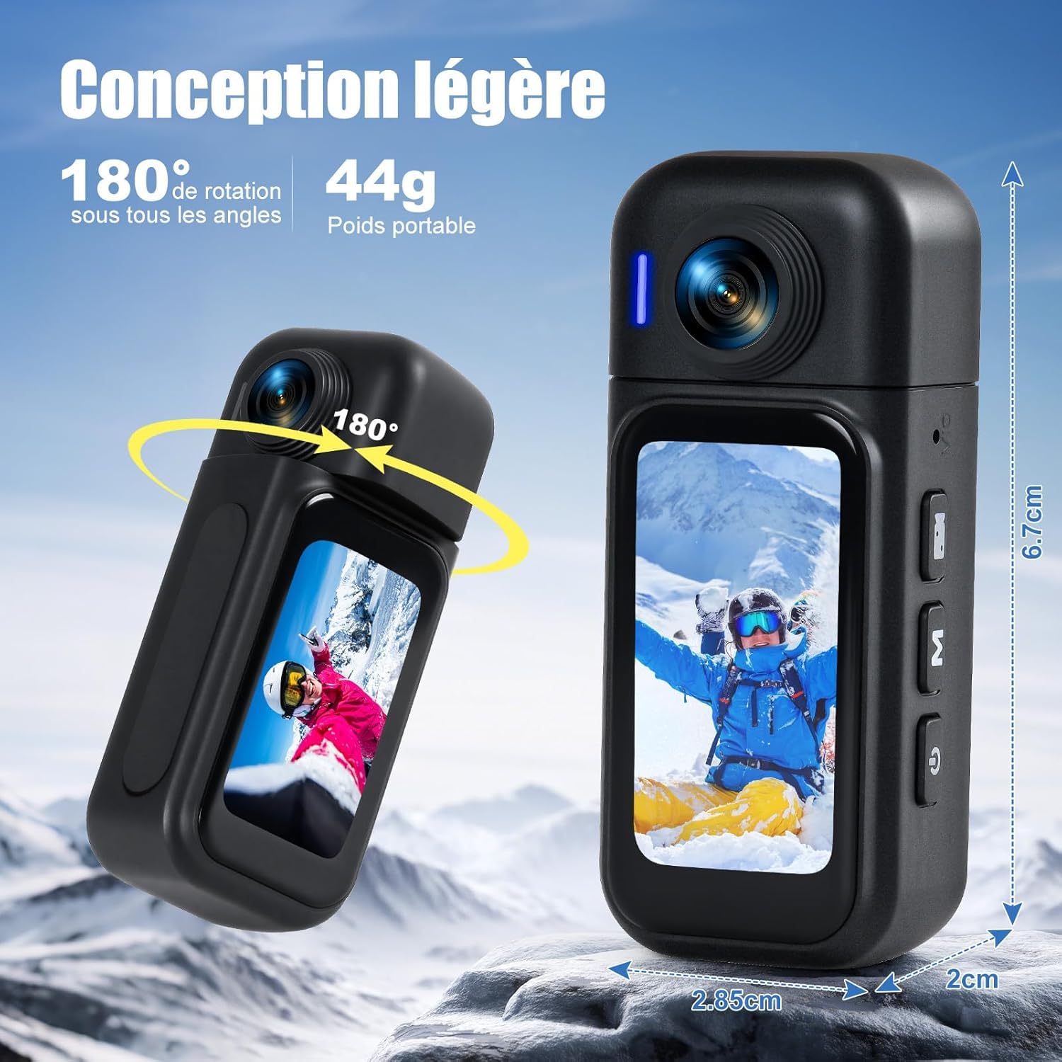 Aktionskamera Caméra Sport 360° Action Camera, Objectif Rotatif 180°, Écran Tactile, Grand Angle 120°, Batterie 8H, Étanche 30M, Wi-FI, POV Mains Libres – Idéale Vélo 10+ Accessoires (64GB)