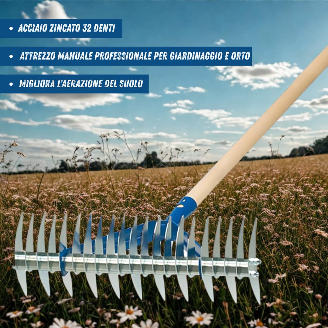 Rastrello Sarchiatore in Acciaio Zincato 32 Denti – 37x13x25 cm – Arieggiatore Manuale per Prato, Attrezzo Professionale per Giardinaggio, Orto, Togli Erbacce, Accessorio Scarificatore (C/MANICO)