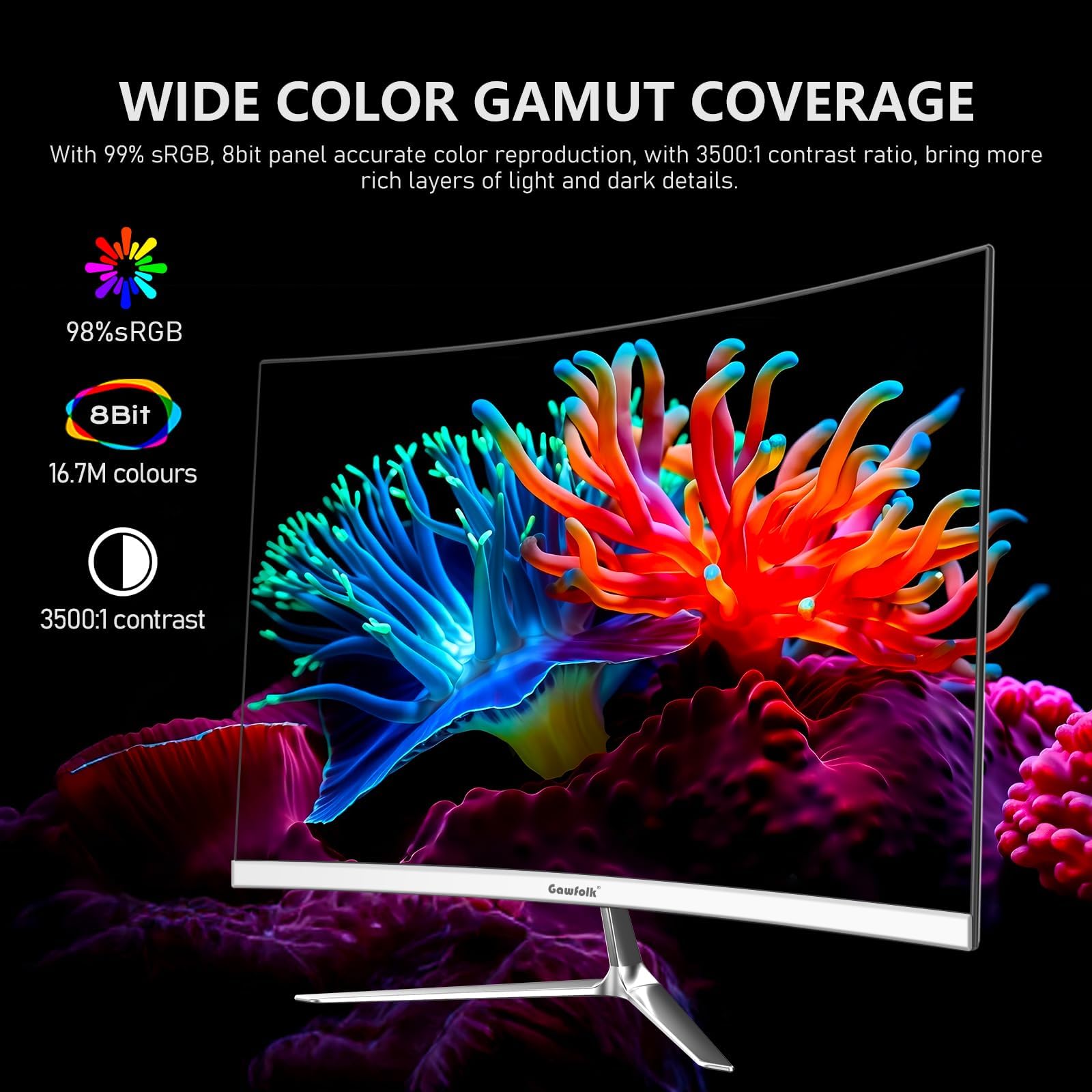 Gawfolk Monitor 24.5 Pollici 120Hz Gaming Curvo Schermo PC FHD (1080p) 1ms 100% sRGB HDMI/VGA Compatibile con Montaggio a Parete Bianco