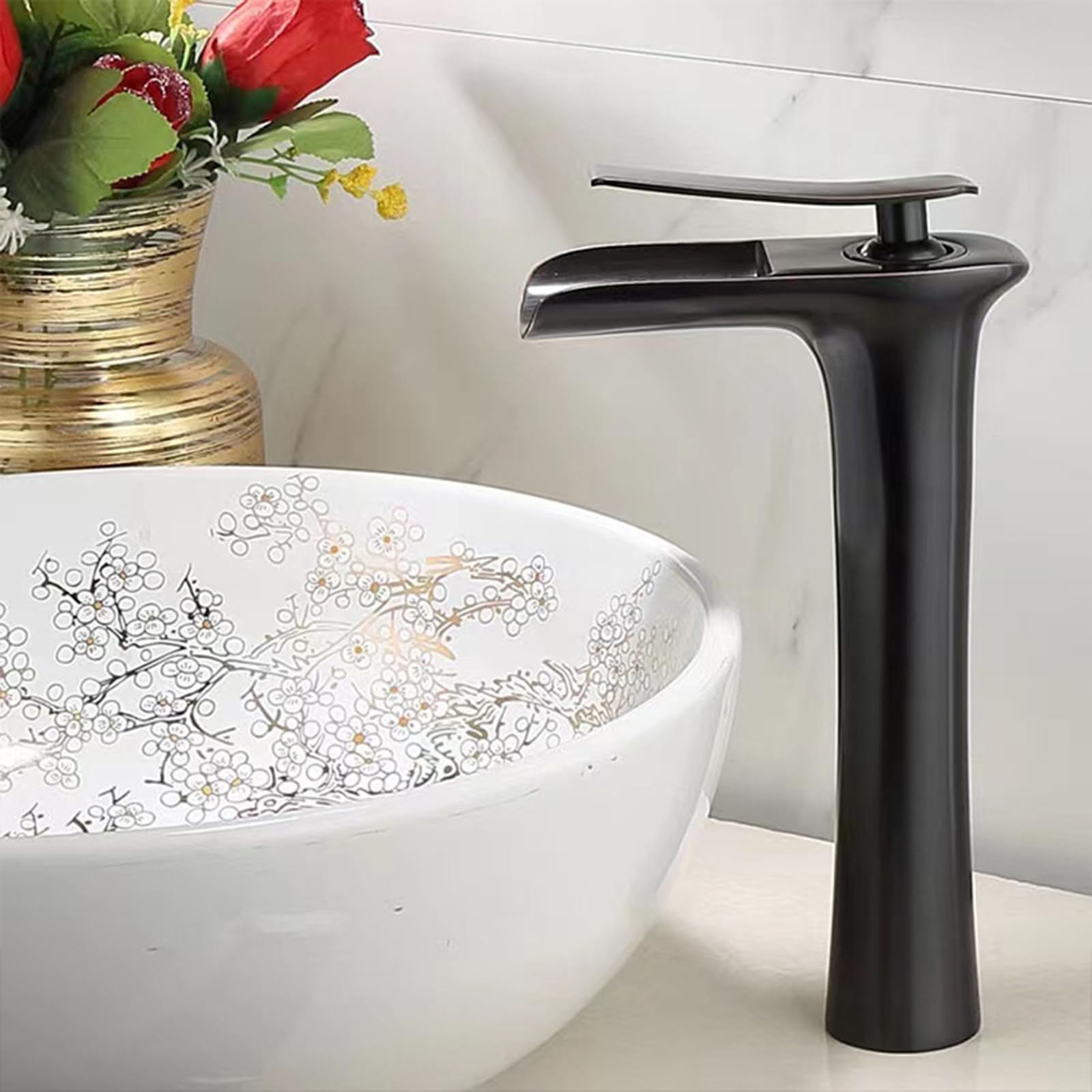 Mischbatterie Waschbecken Wasserfall Badarmatur Waschbecken Hoch Einhebelmischer Bad Waschbecken Wasserhahn Warm Und Kaltmischwasser Vollkupfer Einlochhahn,Retro Schwarz,hoch