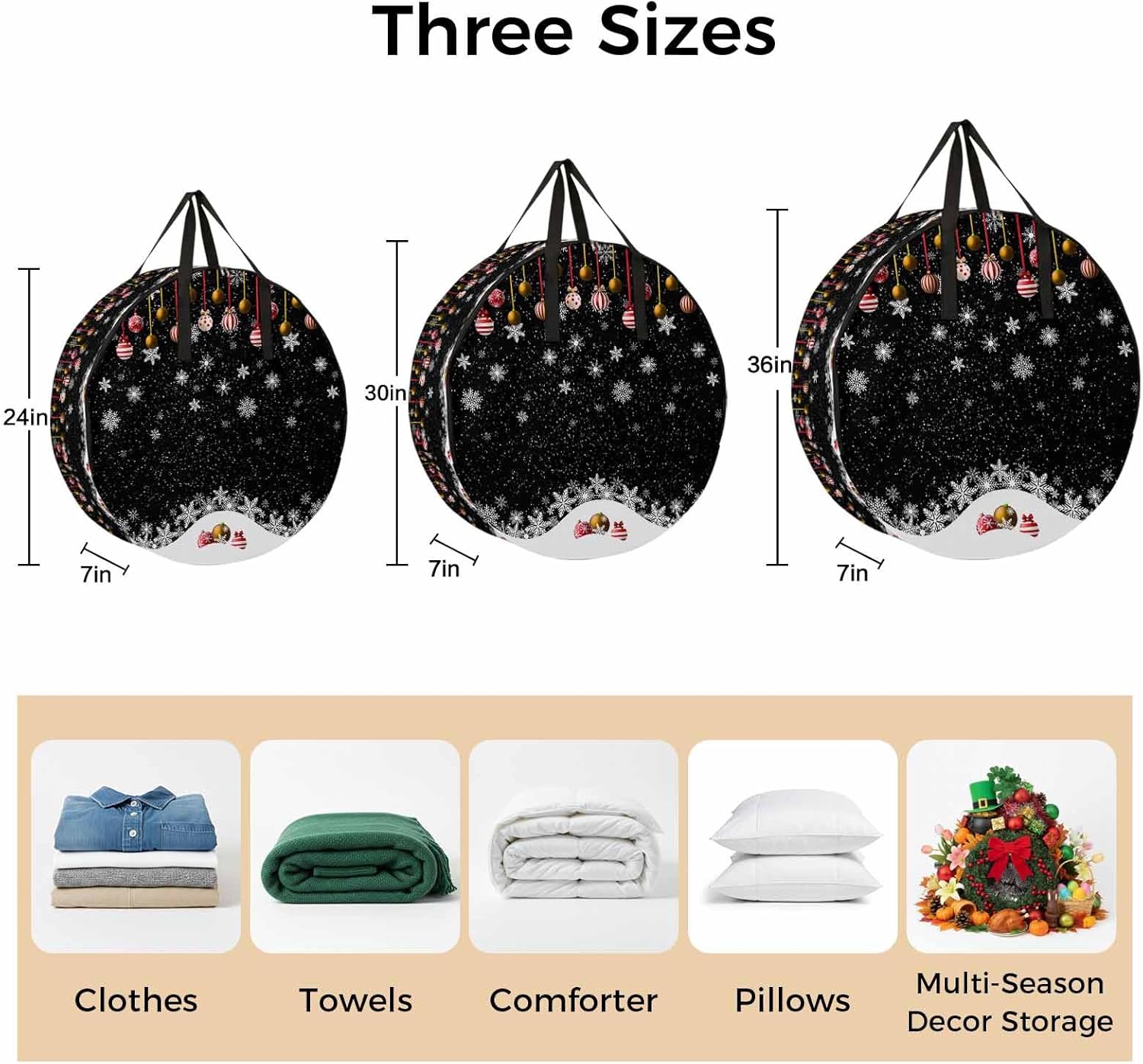 Christmas Snowflakes Round Storage Bag 36 Inch, Xmas Balls Winter Black Background Clothes Storage Container with Handles Heavy Duty Organizer for Comforter, Bedding & Holiday Wreaths
