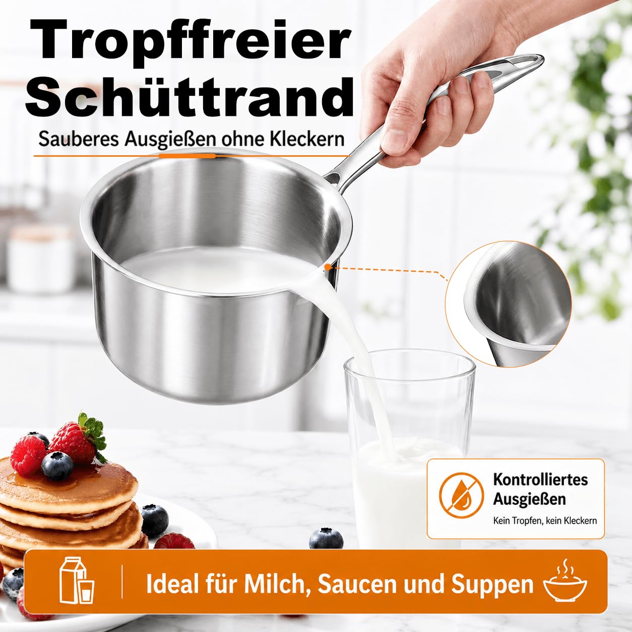 DELARLO Stielkasserolle 16 cm, 1,9 L Kochtopf mit Glasdeckel | Durchgehend 3-lagige Konstruktion, Gleichmäßiges Erhitzen, für alle Herdarten, Kühlbleibender Griff & Spülmaschinenfest