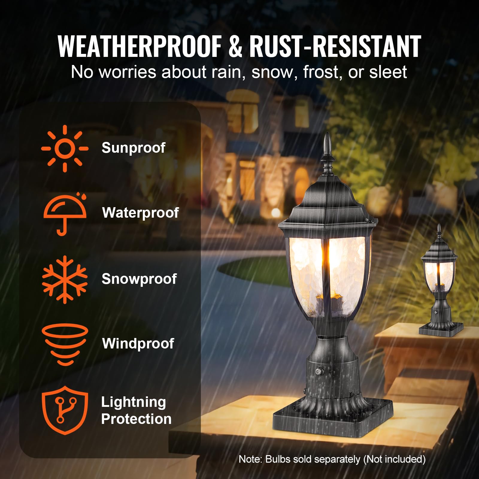 VEVOR 2 PCS Farolas Exteriores de Anochecer al Amanecer, 390 mm, Resistentes al Agua con Base de Montaje en Pilar de 9 cm, Pantalla de Vidrio Farola Exterior a Prueba de Rayos para Patio, Jardín