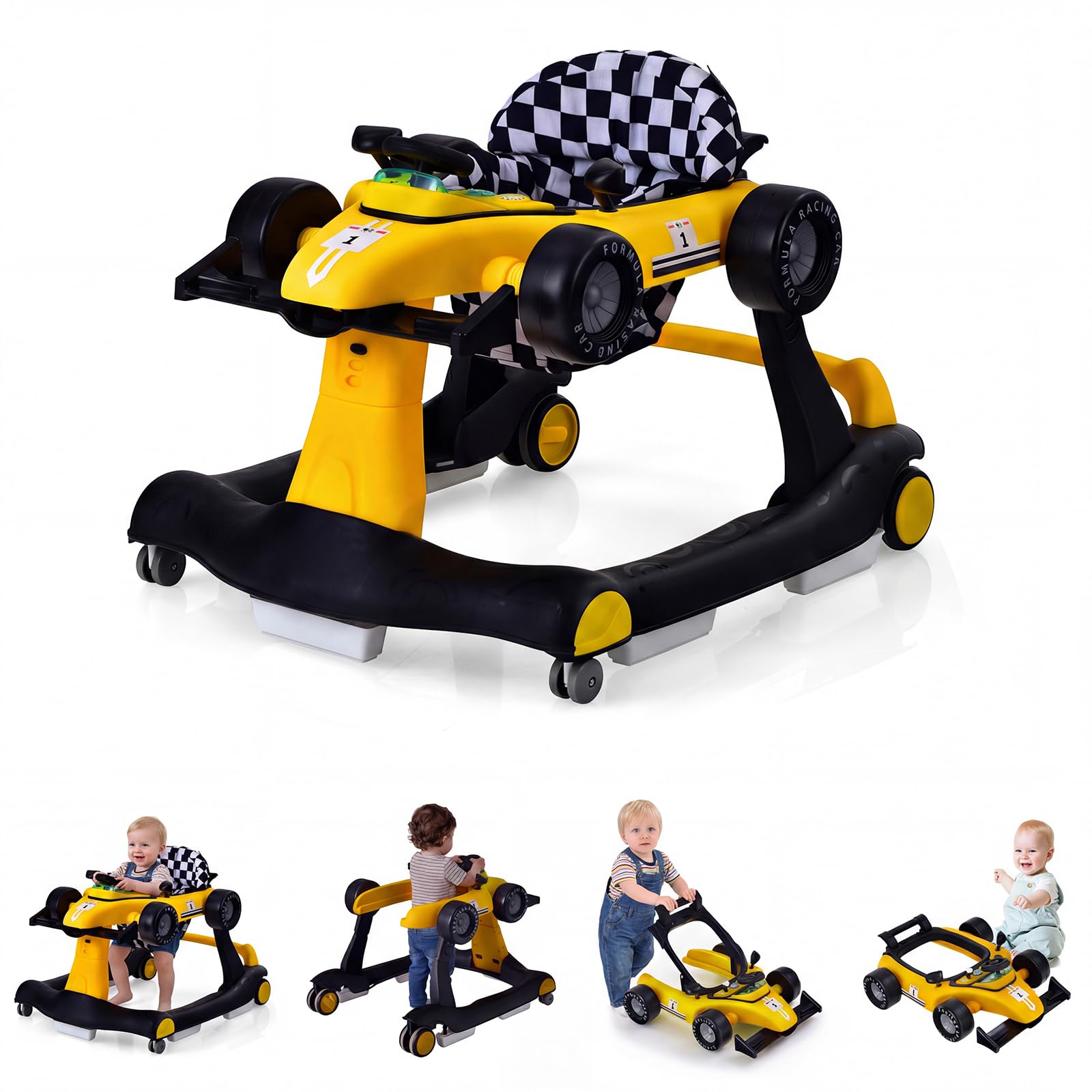 RELAX4LIFE Girello per Bambini 6-18 Mesi, Baby Walker 4 in 1 Trasformabile, Carrello Primi Passi e Macchinina a Spinta con Luci e Suoni, Altezza Regolabile, Pieghevole (GIALLO)