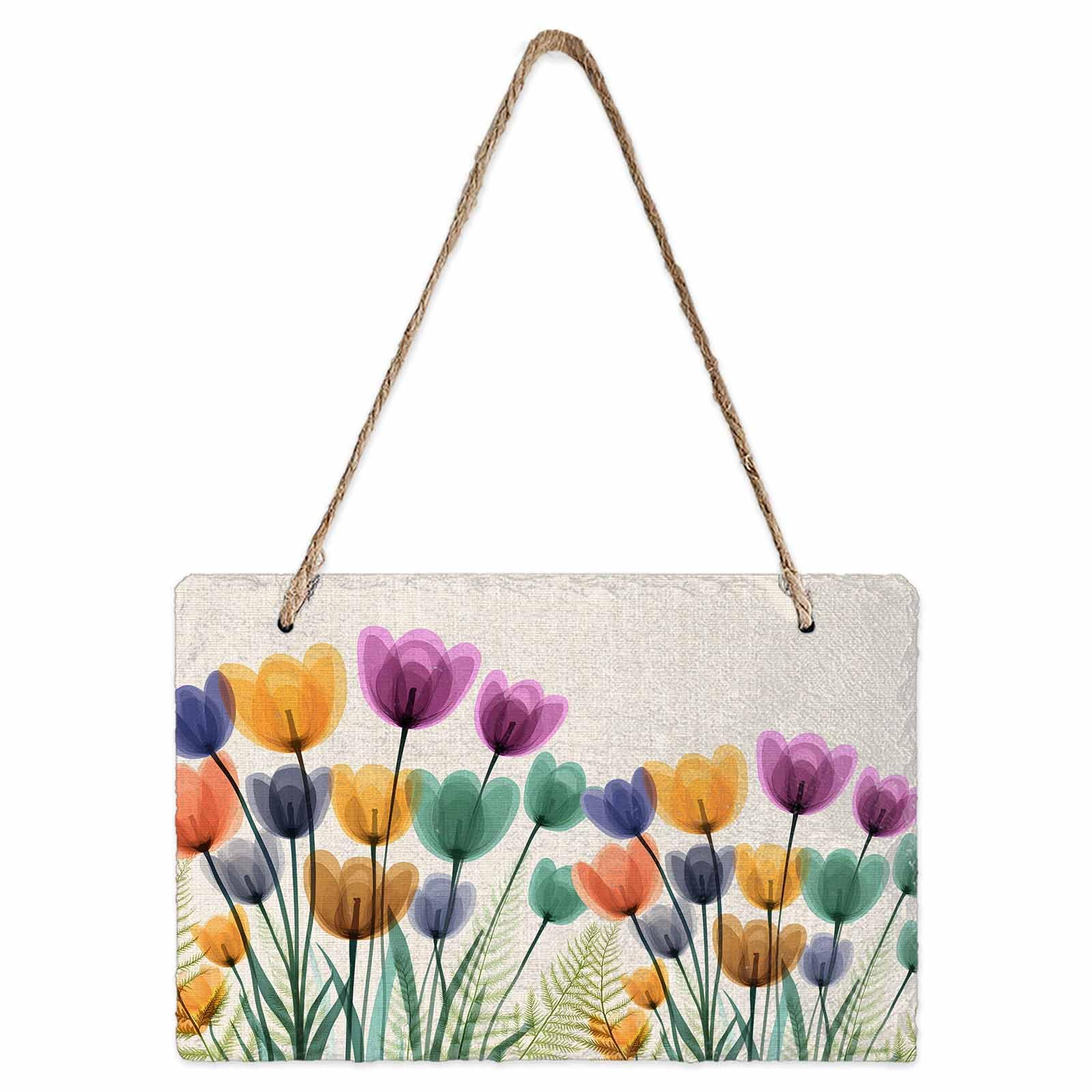 EwdeWwo Spring Welcome Wall Hanging Sign- Vintage Orange Purple Floral Slate Hanging Plaques for Front Door Porch Window Farmhouse Garden 5.1" x 7.9"