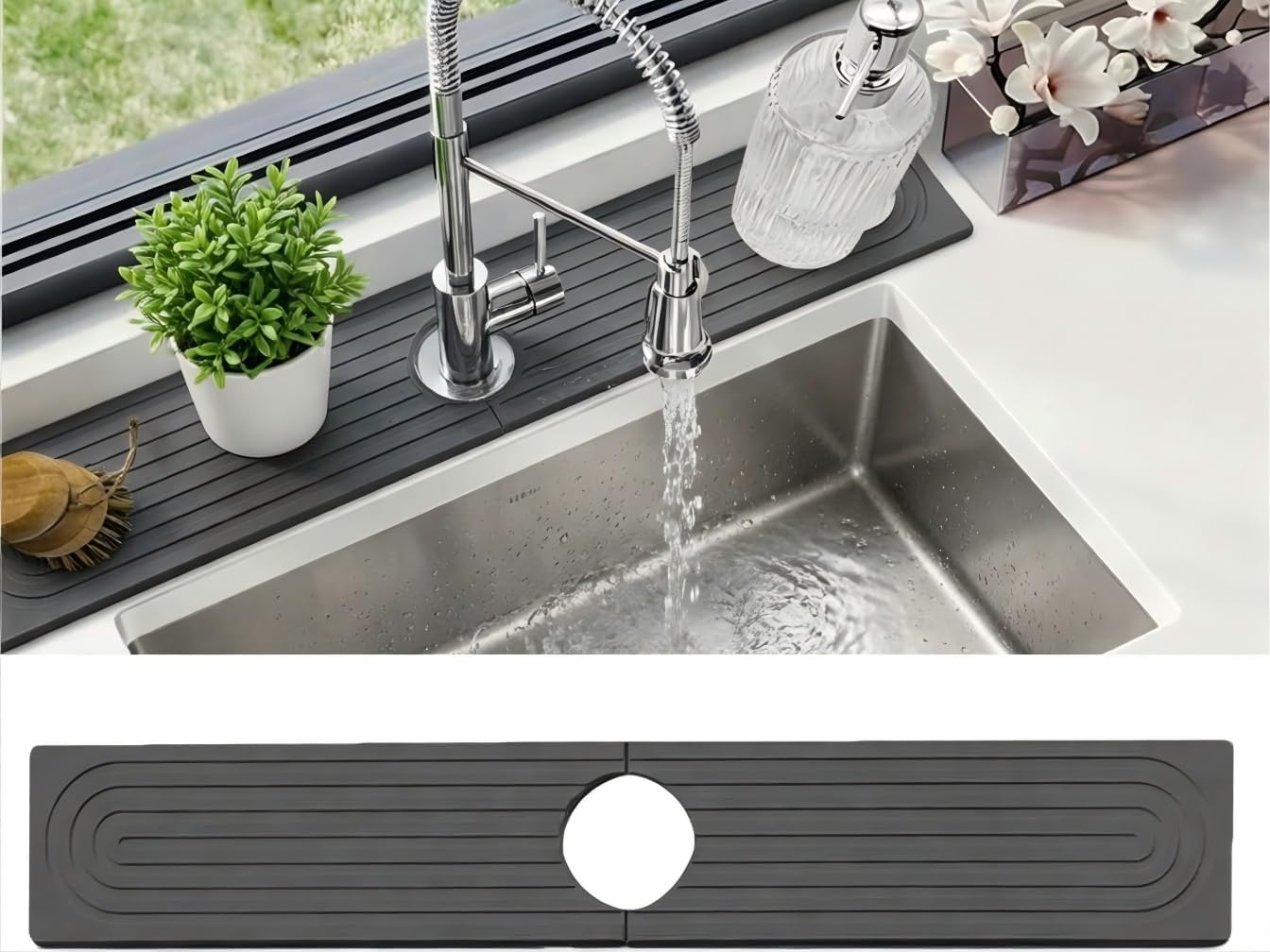 Faucet Mat for Kitchen Sink, Diatomite Fast Drying Stone Sink Tray, Super Absorbent Stone Splash Guard Drip Mat for Kitchen and Bathroom Counter (Square, Dark Grey, 60x10cm)