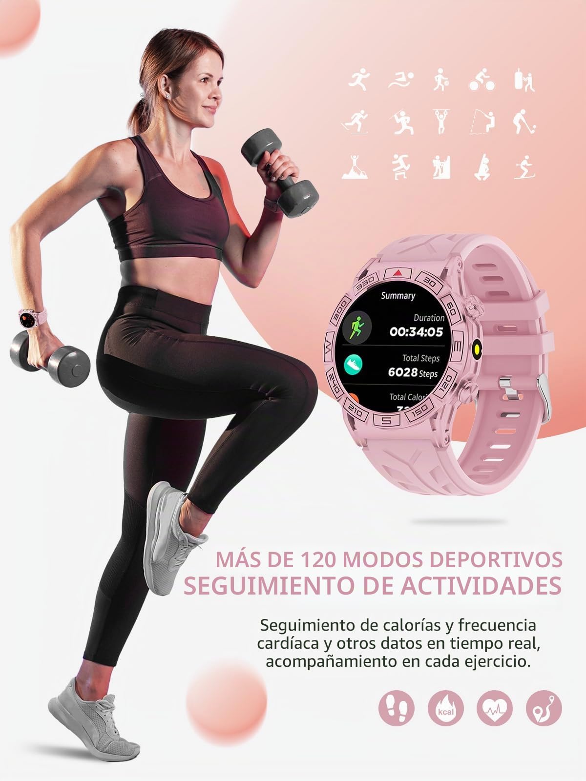 Smartwatch Hombre Mujer 1.43" HD Smartwatch con Llamadas Whatsapp, 1ATM Impermeable, 107+ Modos Deportivos, Seguimiento del sueño, cardíaco para Android iOS (KC80-Pink)