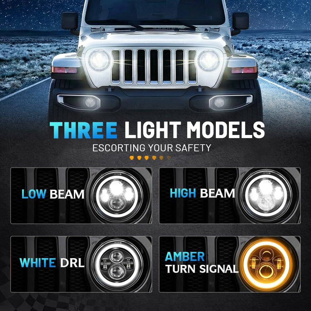 Jeep wrangler headlight,7" LED Halo Headlights for Jeep Wrangler JK JKU TJ LJ CJ 2007–2017, DOT Approved Hi/Lo Beam, White DRL & Amber Turn Signal, 1 Pair (Black)