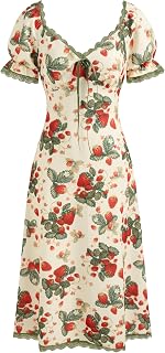 CIDER Summer Dresses Floral Dress V-Neck Midi Dress Strawberry Graphic Lace Trim Slim Fit Midi Dress for Women