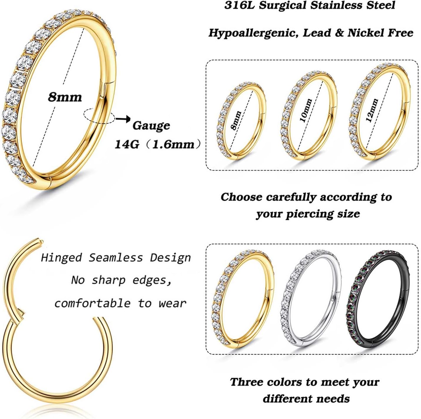 Jstyle 14G Belly Button Ring 316L Surgical Steel Belly Rings Hoop for Women Clear CZ Opal Clicker Hoop Belly Button Rings Gold Silver Small Navel Belly Body Piercing Jewelry 8mm 10mm 12mm - Image 5