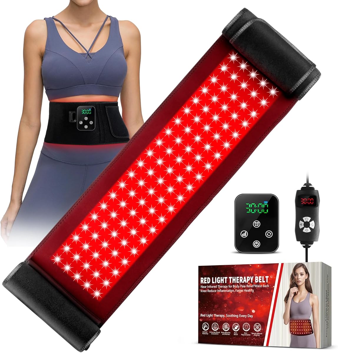2-in-1 Cordless Red Light Therapy Belt, Wired & Wireless Controller 3000mAh Rechargeable Battery Magnetic LED Screen, 49" * 7" Wearable 660nm & 850nm Red Light Therapy Wrap Belt for Body