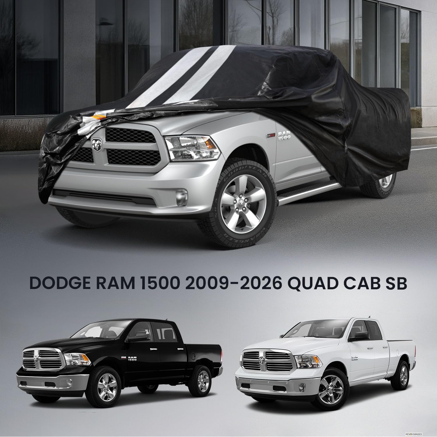 Dodge Ram 1500 Truck Cover Custom Fit 2009-2026 Quad Cab Short Bed(6.1') with Door Zipper, 10 Layer Outdoor Heavy Truck Cover Waterproof All Weather, Car Tarp for Wind Dust Sun UV Protection.