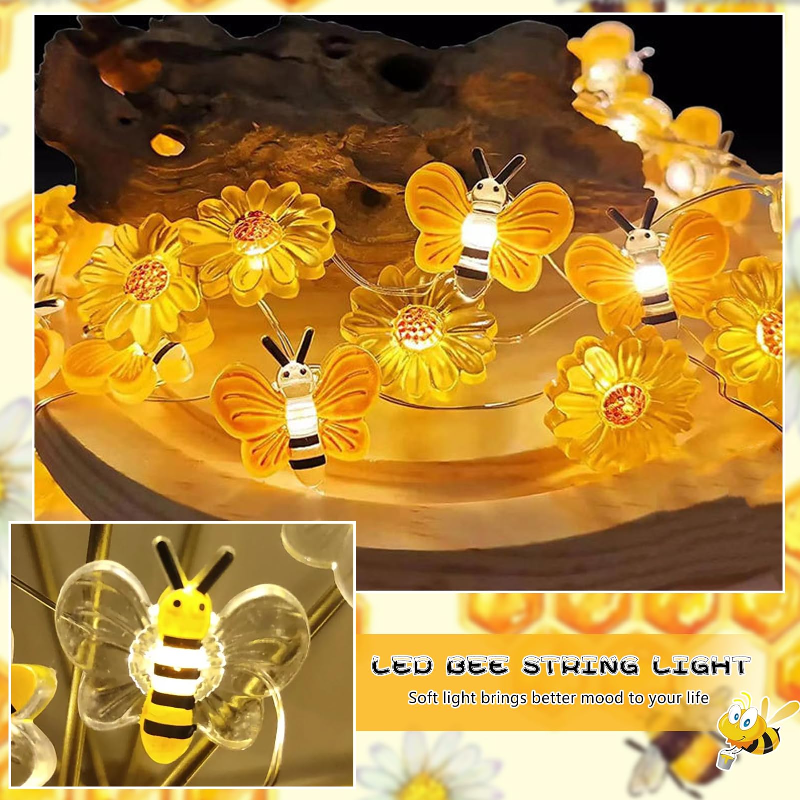 Biene Lichterkette Innen – 3m 30 LED Sonnenblumen-Lichterkette Mit Timer, Batteriebetrieb, IP65, Für Drinnen & Draußen Bienen Lichterkette LED