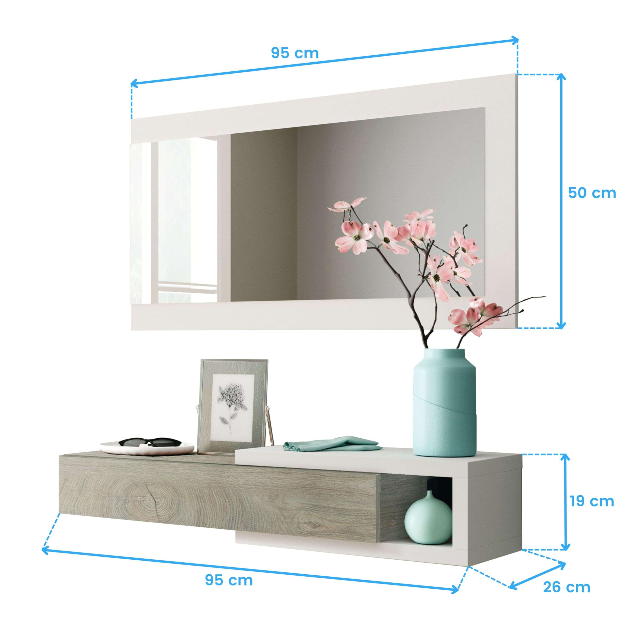 Habitdesign Recibidor con Cajon y Espejo, Mueble de Entrada, Modelo Noon, Acabado en Blanco Artik y Roble Alaska, Medidas: 95 cm (Ancho) x 19 cm (Alto) x 26 cm (Fondo)