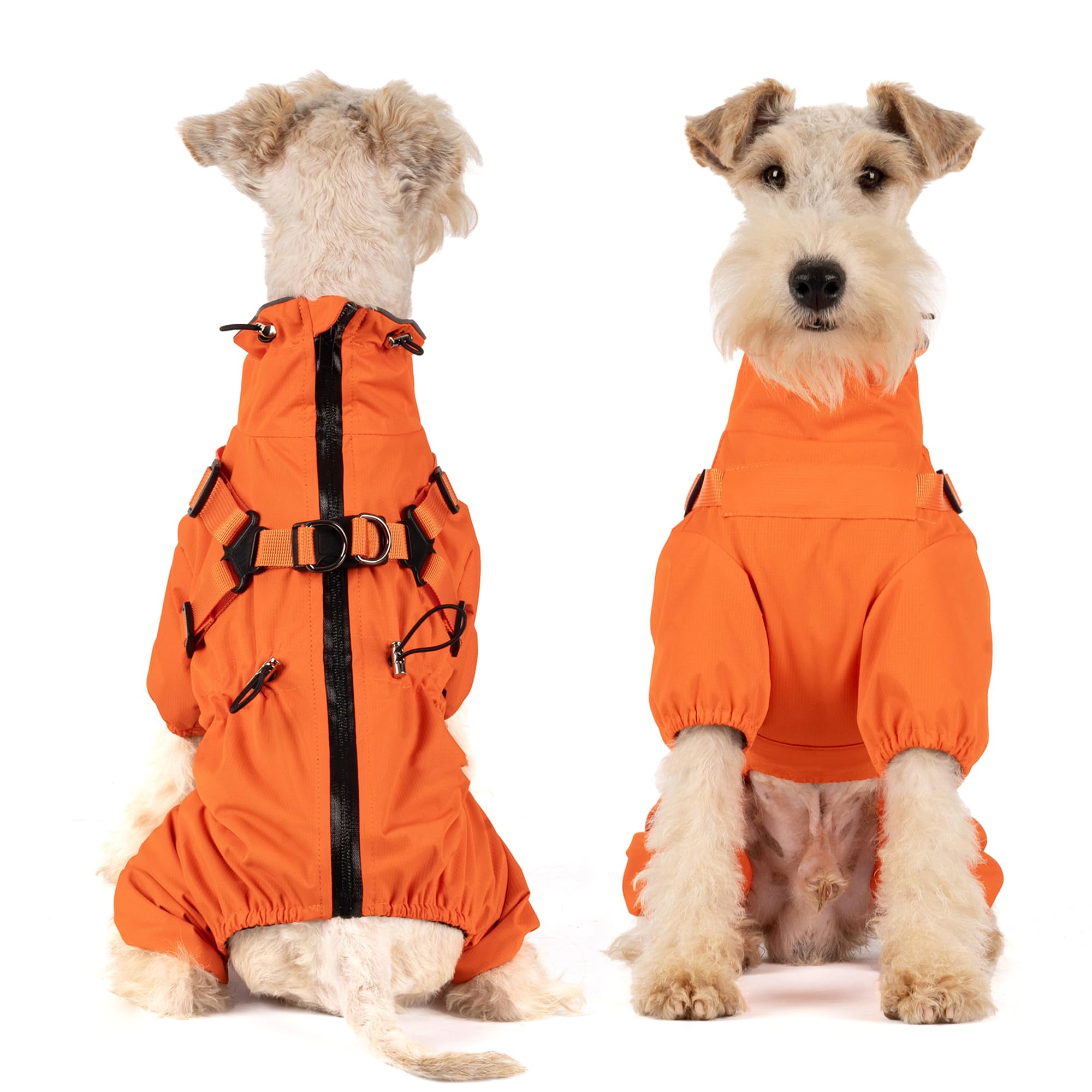 Mile High Life Waterproof Dog Raincoat, Full Coverage Small Dog Rain Coat with Harness, Adjustable 4 Legs Puppy Rain Jacket with Reflective Strip and Elastic Cuffs (Orange, X-Small)