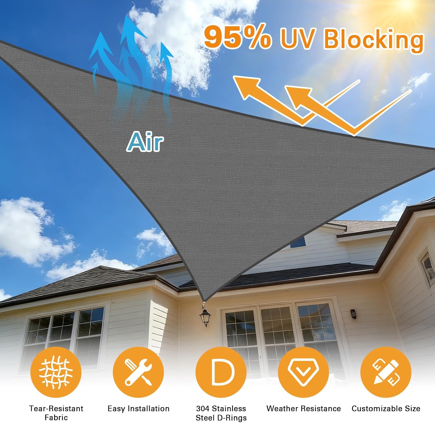 Artpuch Sun Shade Sail, 24'X24'X24' Dark Grey Triangle, Curved Edged Sun Shade, Commercial Grade 185GSM HDPE UV Permeable Outdoor Shade Cloth for Deck, Backyard, Patio (Custom Sizes Made)