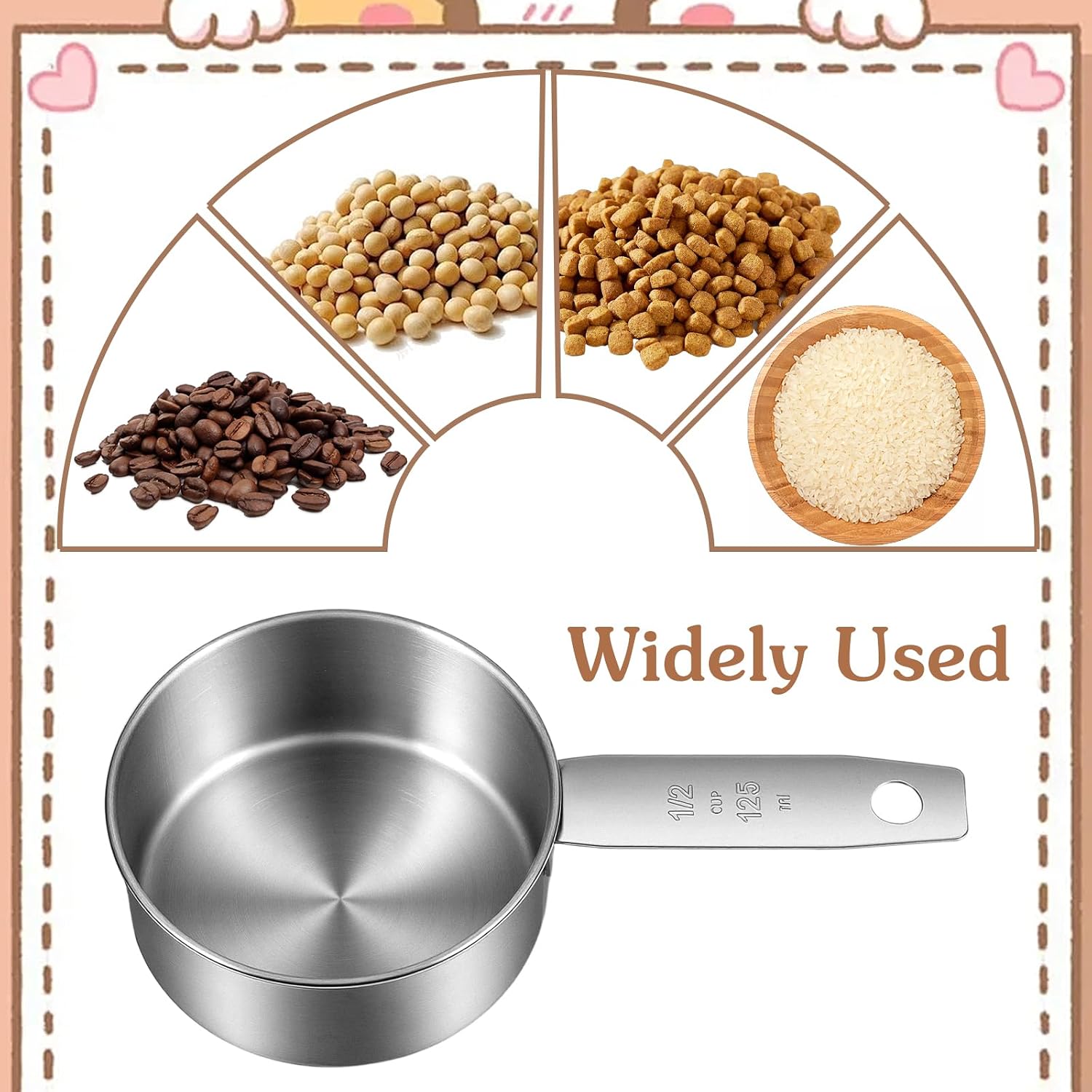 2 Pcs 1/2 Cup Measuring Cup, 1/2 Cup Dog Food Scoop, 125 ml Stainless Steel Half Cups Dog Food Measuring Scoops for Feeding Pet, Cat, Dogs, Rabbit, Bird, Wet and Dry Ingredients, Dishwasher Safe