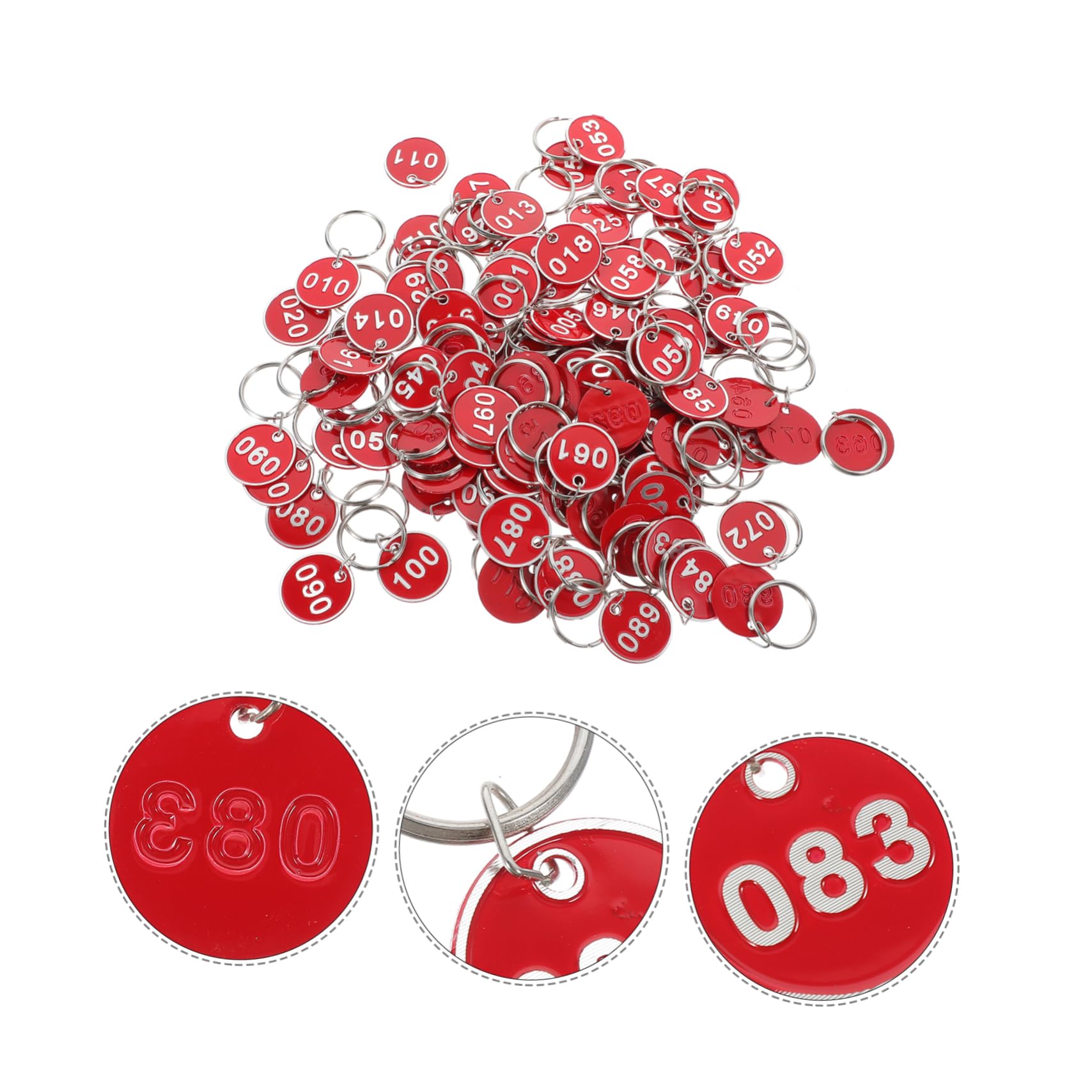 LIFKOME Targhette Numerate per Organizzare Chiavi 100 Pezzi in Lega di Alluminio Rosse Anello per Portachiavi di Armadietti e Valigie in Hotel e Ristoranti