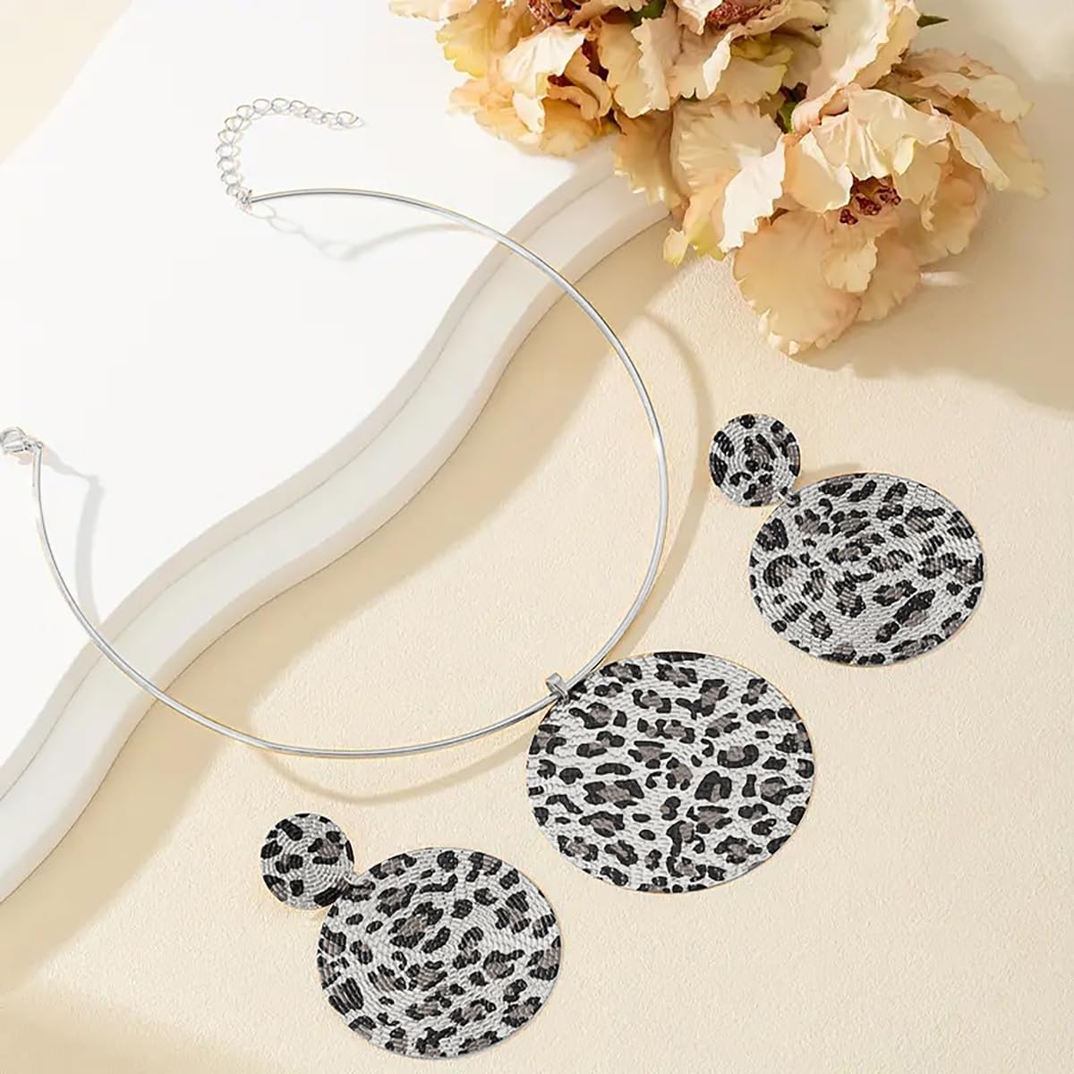 Disc Earrings Necklace Set for Women Gold Leopard Large Disc Choker Necklace Round Dangle Drop Earrings Jewelry Set - Image 3