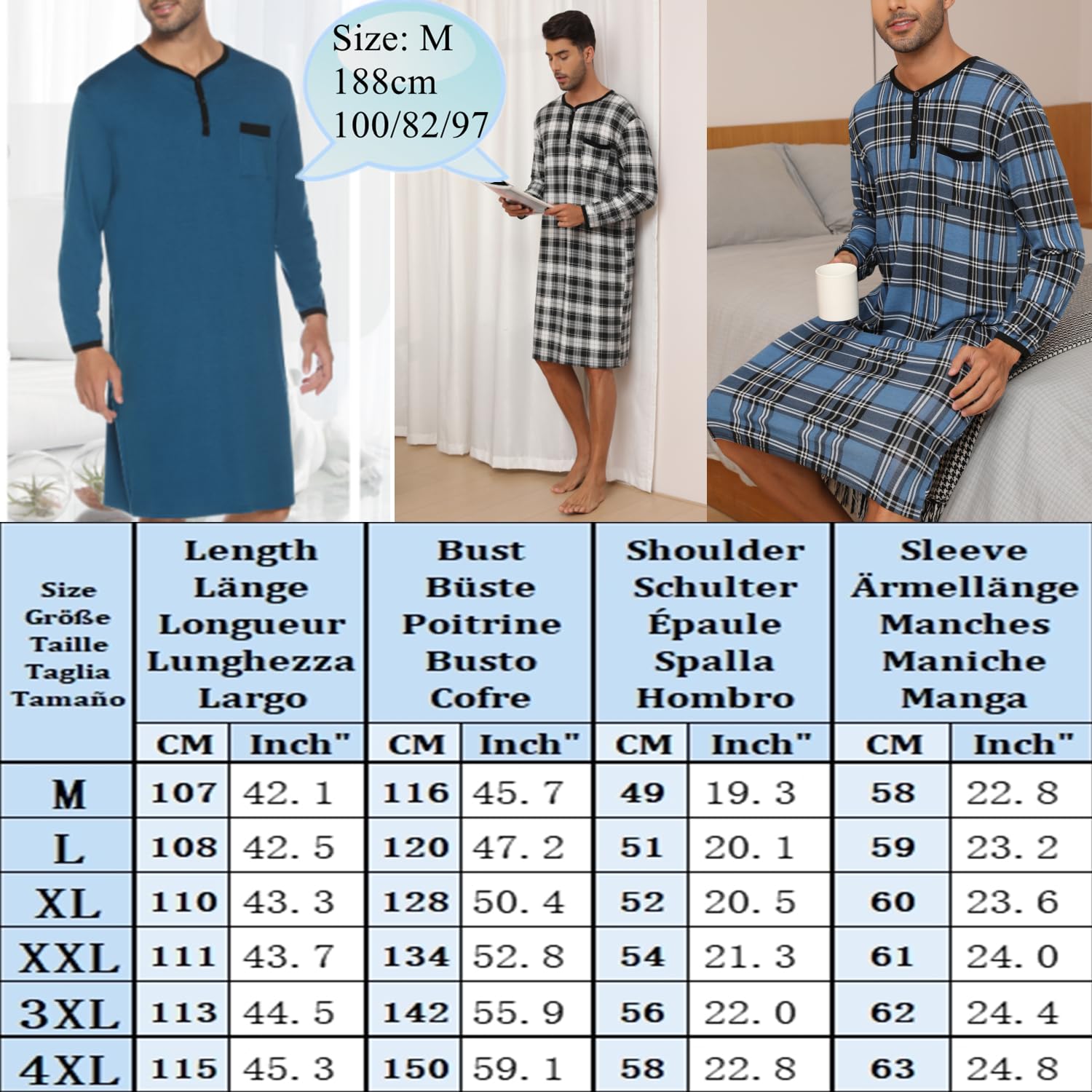 Chemise de Nuit Homme Coton Pyjama Manches Longues Manches Courtes Hauts de Pyjama Homme Tee-Shirt Long Col Rond avec Boutons Vêtements d'Intérieur T-Shirt Grande Taille Douce Confortable