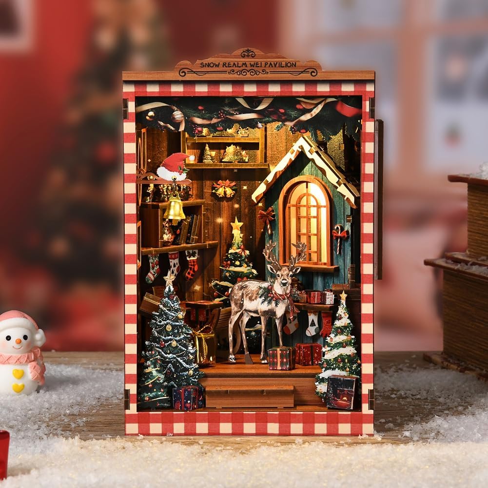 DIY Book Nook Kit Dollhouse Miniature Kit Wood Bookends Building Model Puzzle Toy with LED Light for Teens and Adults Building Creative (Snow Realm Wei Pavilion) image 2