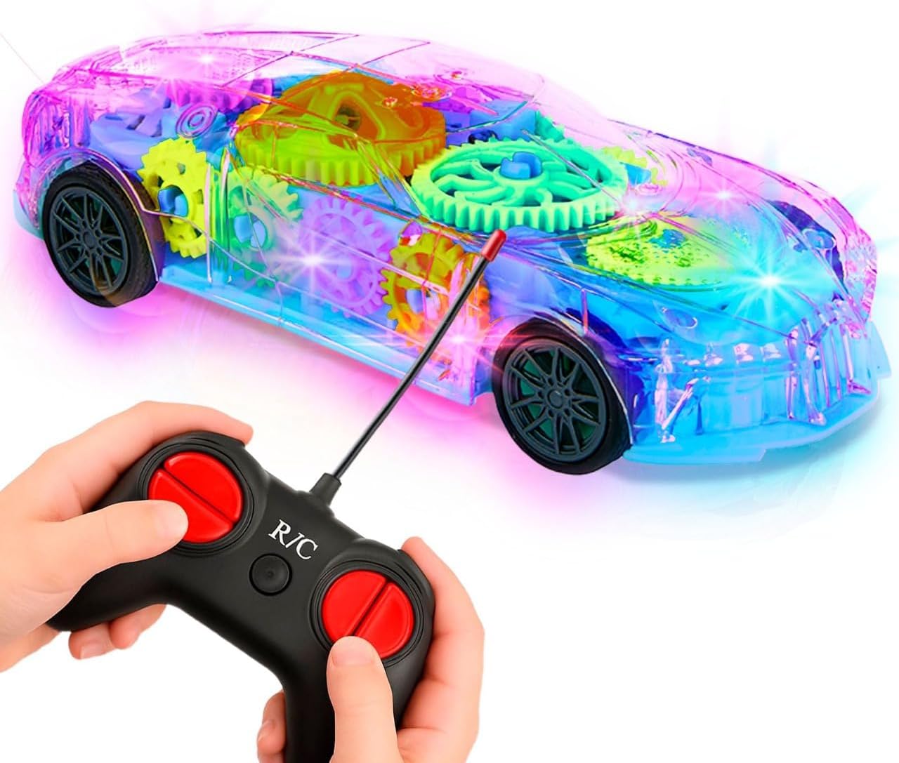 Playbees Light-Up Transparent Car with Remote Control, Toys for Autistic Kids Ages 3-5 Sensory Activity for Kids with Autism Special Needs Toys, Bump and Go Toys for Toddlers Music and LED Effects