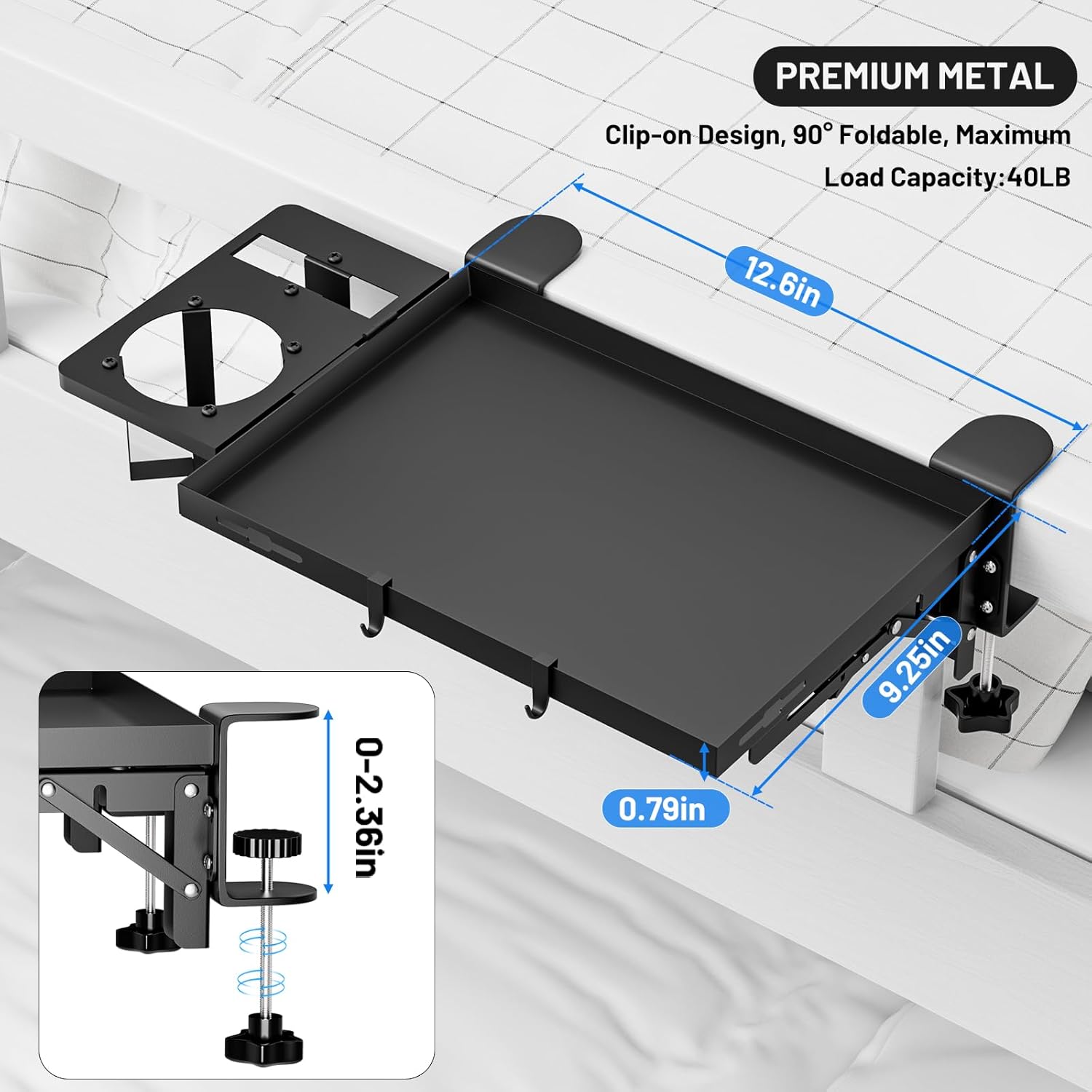 Bedside Shelf Foldable, Metal Clip-On Table Shelf for Dorm Room Bunk Bed & Top Bunk, College Dorm Room Essentials, Bedside Caddy, Floating Desk Tray, Bed Side Table Storage, Loft Nightstand Decor
