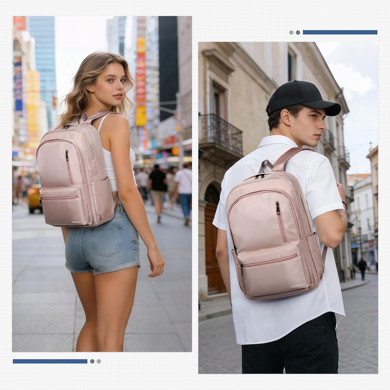 Nylon Backpack for Men & Women, Water-Resistant Everyday Backpack with 15.6" Laptop Compartment, Anti-Theft Pocket & Luggage Strap, Pink