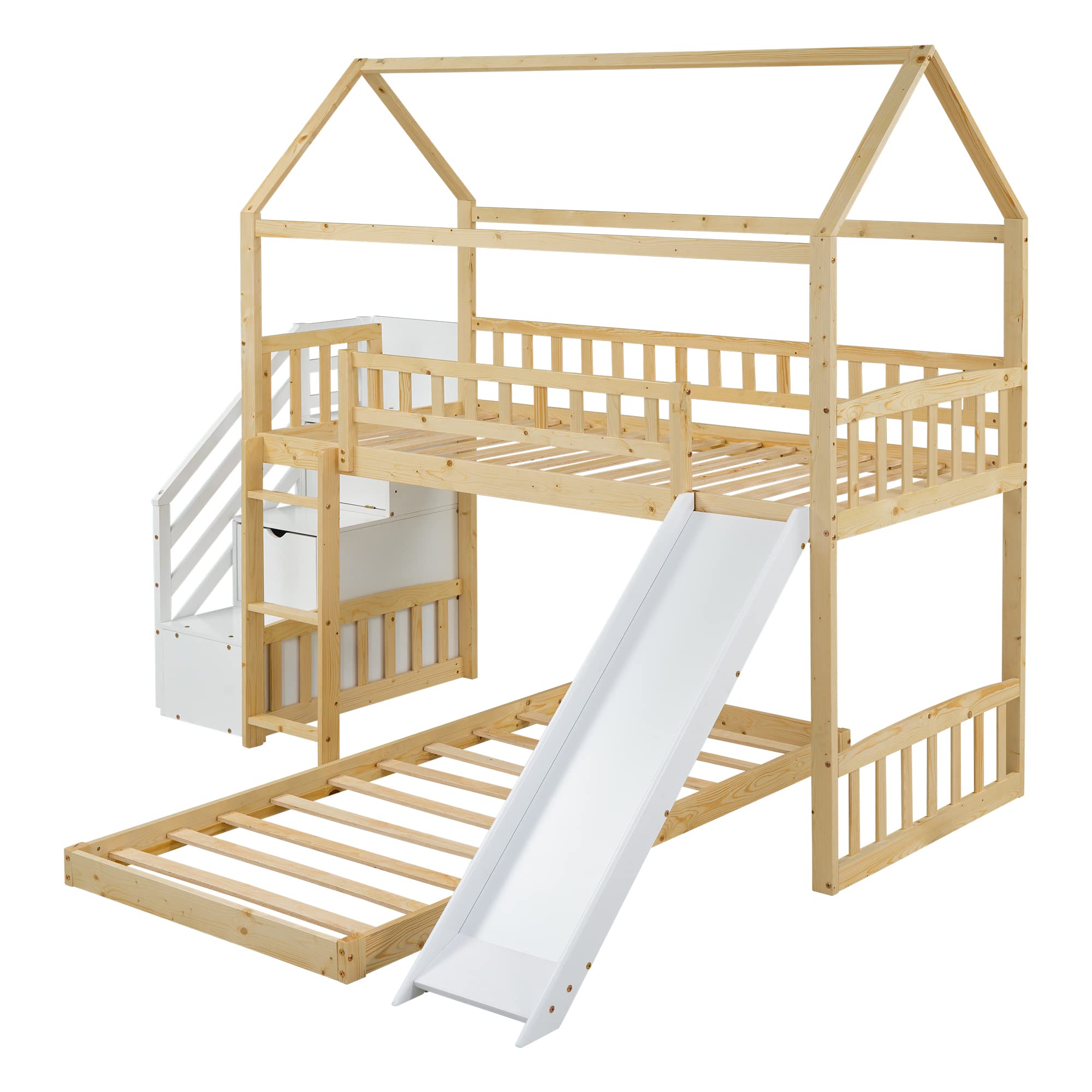 KAZZIO Stapelbedden kinderbedden driepersoonsbedden stapelbedden met uittrekbed hoge leuningen stabiele trap, 90 x 200 cm (grijs