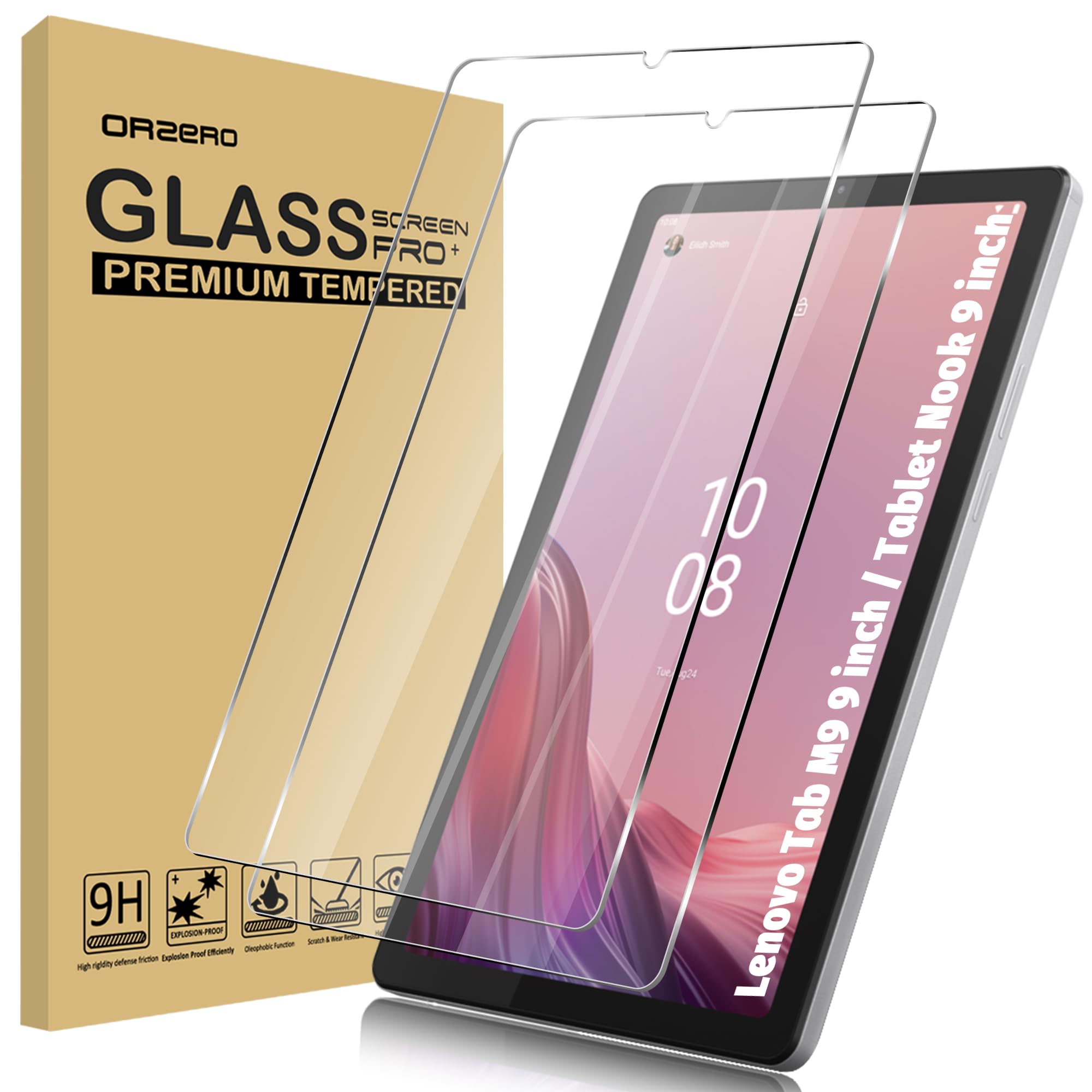 Orzero (2 Pack) Tempered Glass Screen Protector Compatible for Lenovo Tab M9 (9 inch), Protector De Pantalla 9H High Definition Anti-Scratch Bubble-Free