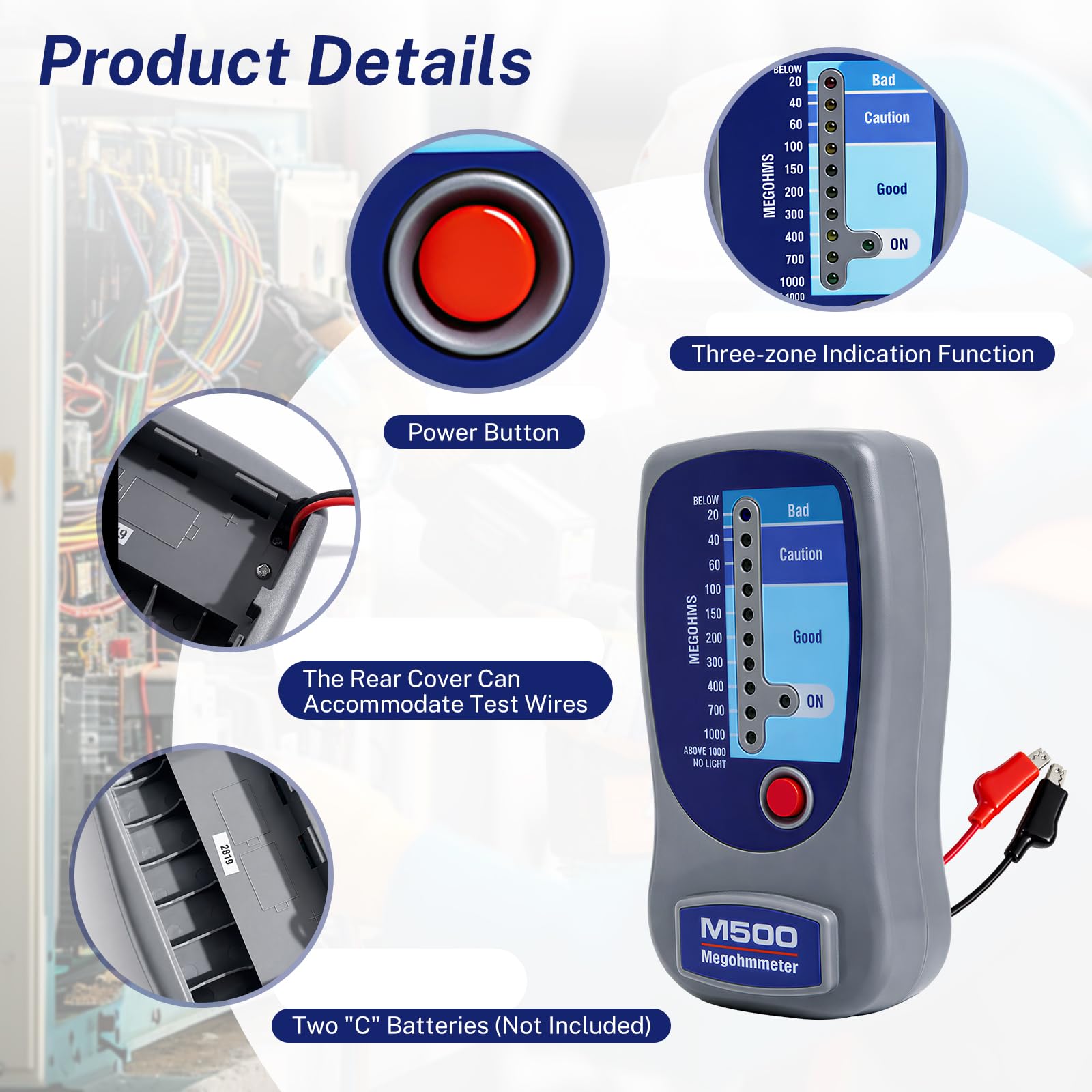 M500 Megohmmeter Portable Insulation Tester, with Soft Tool Kit — Amazon image 3