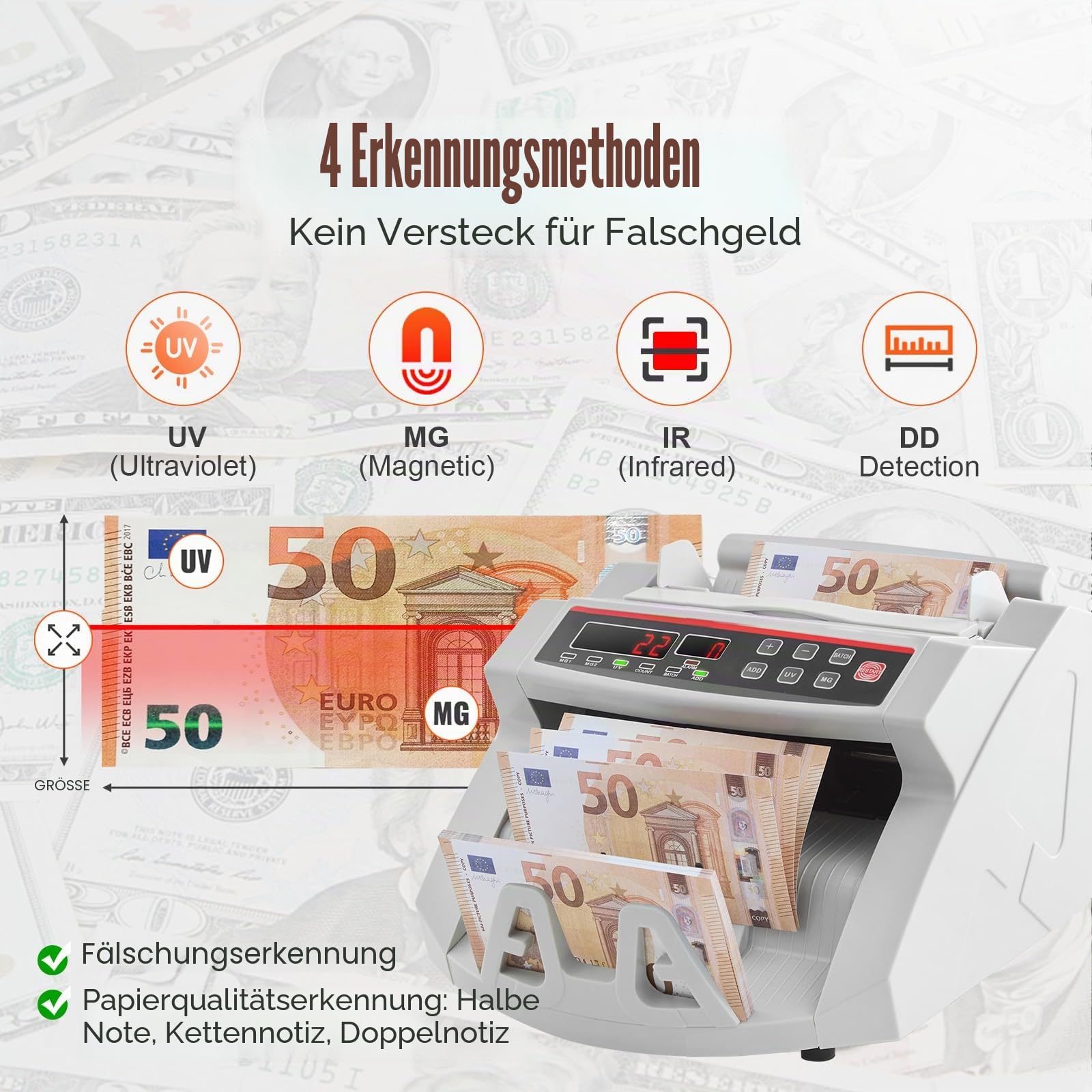 OldFe Geldzählmaschine mit Echtheitprüfung geldzählmaschine scheine mit UV/MG Systeme Banknotenzähler mit LED Display für Euro Doller Pound