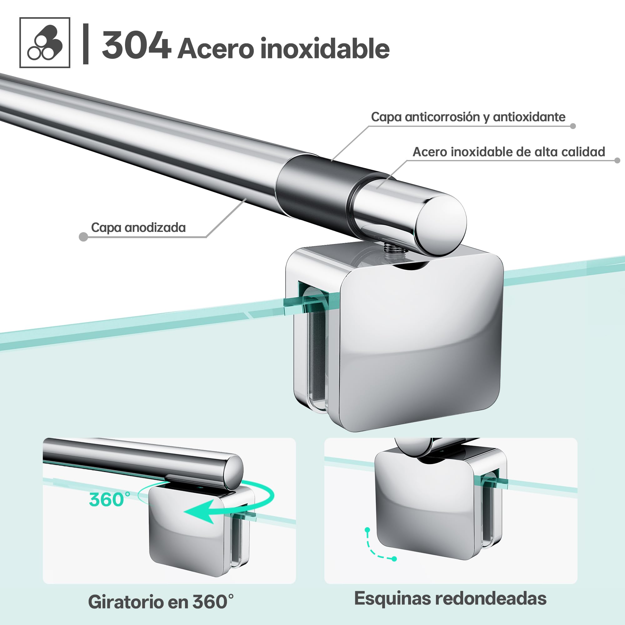 Barra de soporte telescópica de pared para mampara de ducha, ajustable de 68,5 a 127,8 cm (desde la pared hasta el borde interior del vidrio), para vidrio de 6-10 mm, cromo | Fabricado con acero inoxidable 304, adecuado para vidrio de 6-10 mm y permite un