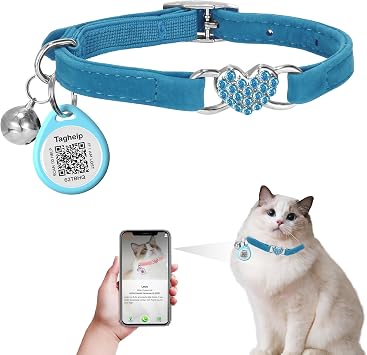 Heart Bling White Heart Shaped Kitten Collar Cute Cat Collar with Bell,Ideal for Girl Cats Boy Catswith Safety Belt and Bell Adjustable 8-13 inches for Personalized with QR Code Smart ID tagBlue