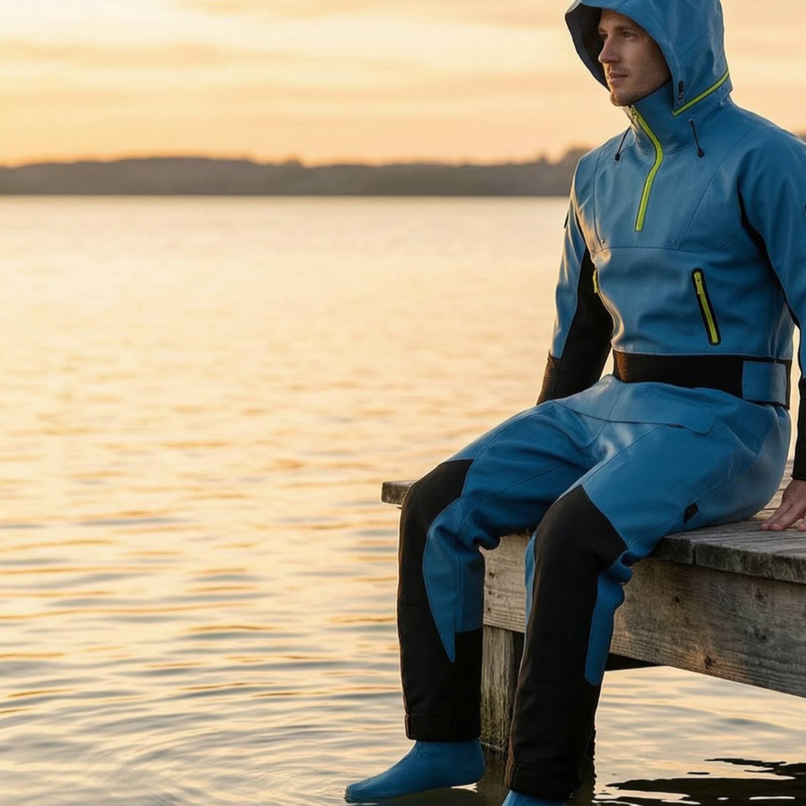 Baoblaze Combinaison Étanche de Plongée Combinaison Sèche Monopièce avec Capuche Fermeture Éclair Étanche et Poche Poitrine Pieds Couvrants Tissu Renforcé, Bleu, M